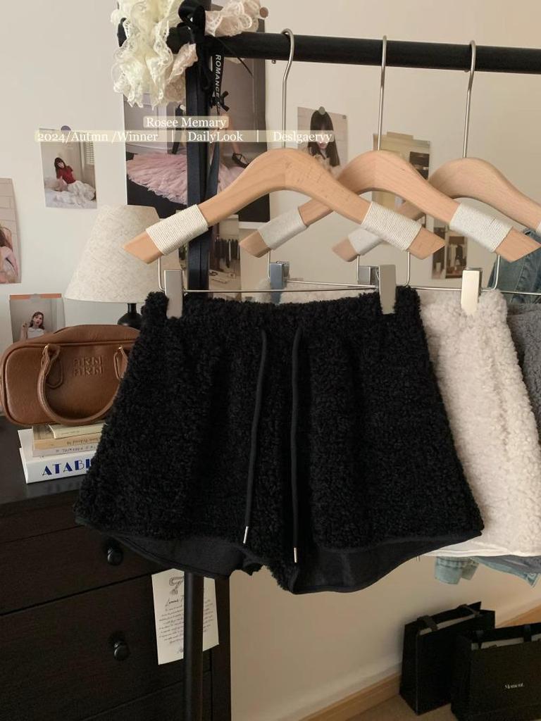 Women's 2024 Lambswool High Waist Drawstring Warm Shorts - Autumn/Winter Casual Loose Fit Hot Pants Outerwear