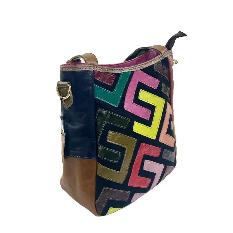 Tide Bag Women'S Square Bag Splicing Letters Contrasting Color Cowhide Color Shoulder Bag High Bag