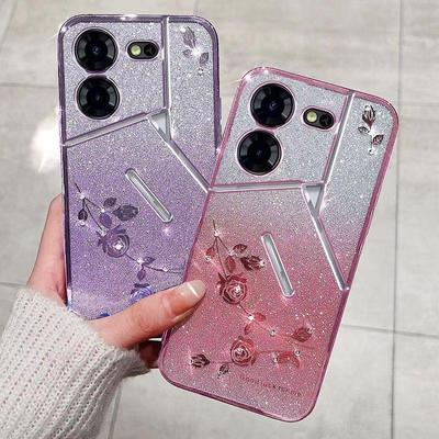 Phone Case For Tecno Pova 5 Pro 5G, Flash Pink Flower Transparent Shock Protection Luxury Diamond Shining Protective Cover