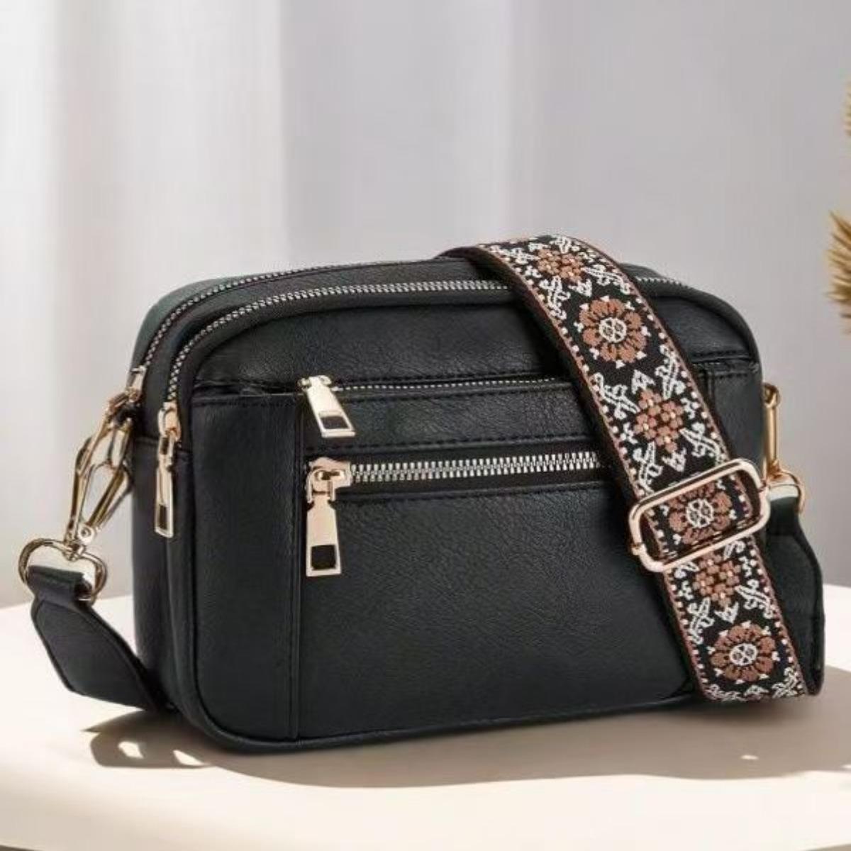 

Широкий плечовий ремінь Вишита маленька квадратна сумка Богемний етнічний стиль Сумка через плече Повсякденна універсальна сумка кросбоді Жіноча сумка 21.5cm * 6cm * 14cm чорний