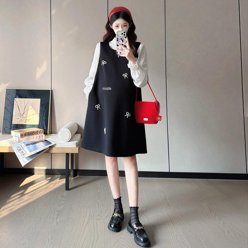 2026 Spring Korean Style Maternity Bowknot Dress Set Double Extra Large
