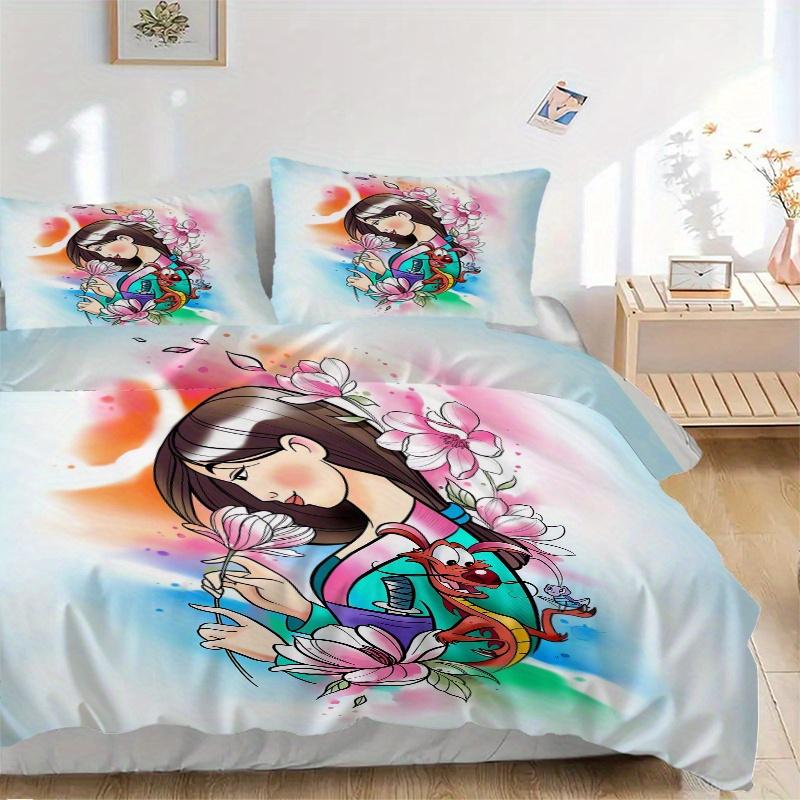

3pcs Mulan Disney Printed Quilt Set - Includes 1 Quilt Cover and 2 Pillowcases, Machine Washable - Suitable for All Seasons.D054 135x200cm