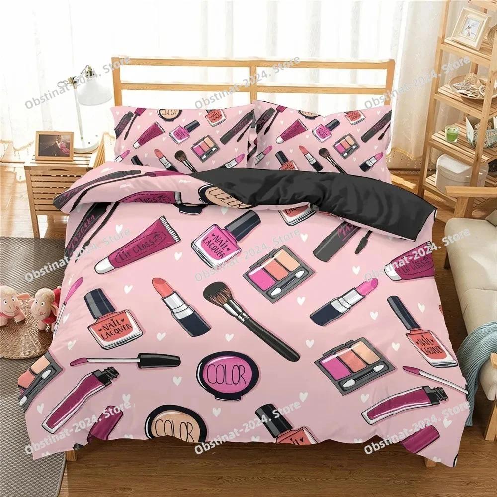 Makeup Lipstick Luxury Bedding Set Cosmetic Pink Duvet Cover Girls Women Polyester Bedding Set Ho