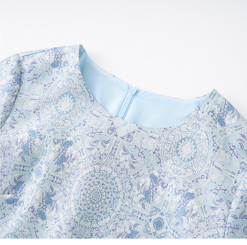 Chinese Gold Silk Jacquard A-Line Dress: Elegant Short Sleeve, Slimming, High Quality Women's Summer Style