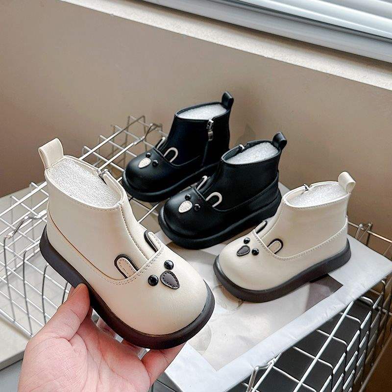Children's leather boots Martin boots Baby boots Fleece 2025 autumn and winter soft-soled two-cotton cotton boots Boys and girls short boots
