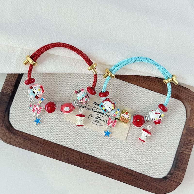 Brățară drăguță Sanrio Hello Kitty Fundă Măr Pandantiv Kt cu mărgele Cadouri de ziua de naștere Accesorii trendy girly Ajustabilă