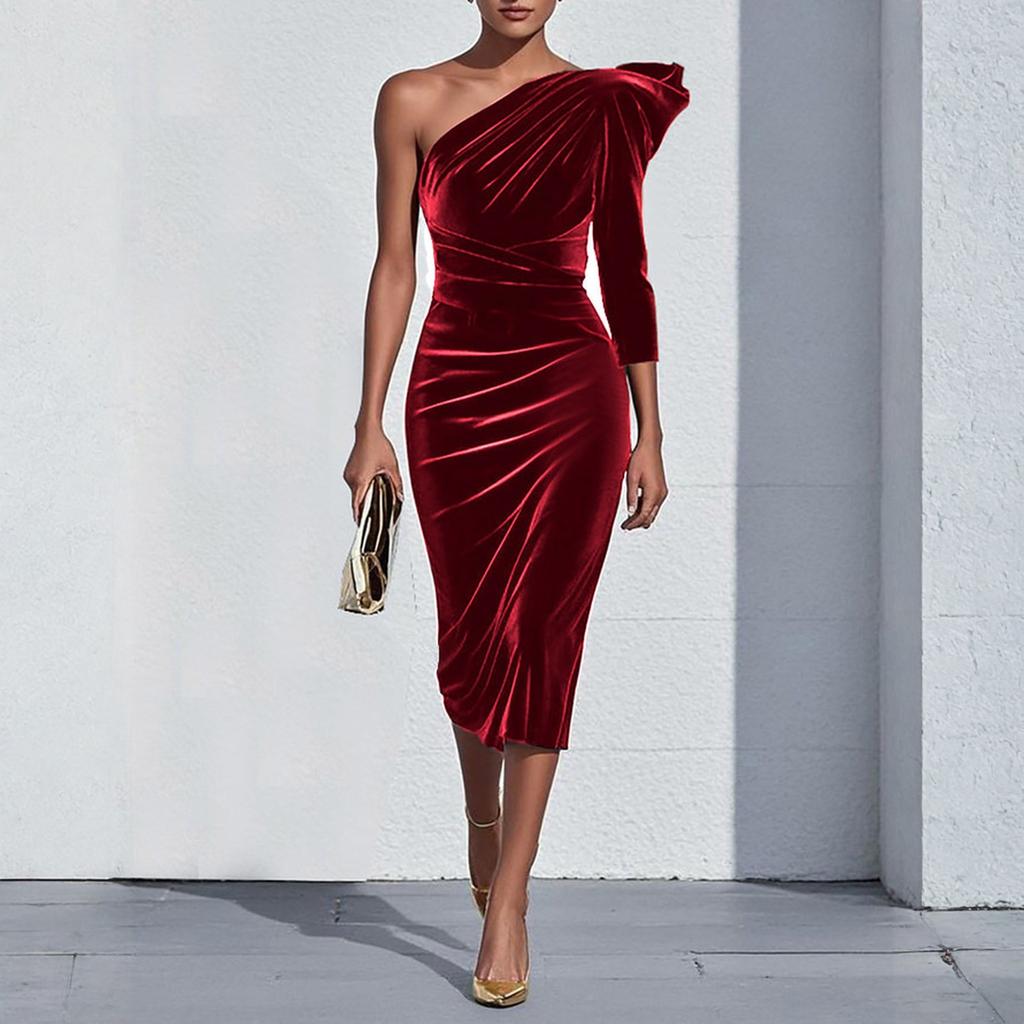 Fashionable Women's Off,shoulder Velvet Slim,fit Bodycon Midi Dress