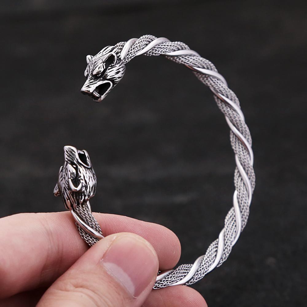 Vintage Viking Wolf Head Bracelet for Men Punk Hip Hop Stainless Steel Open Bracelet Fashion Jewelry Gift