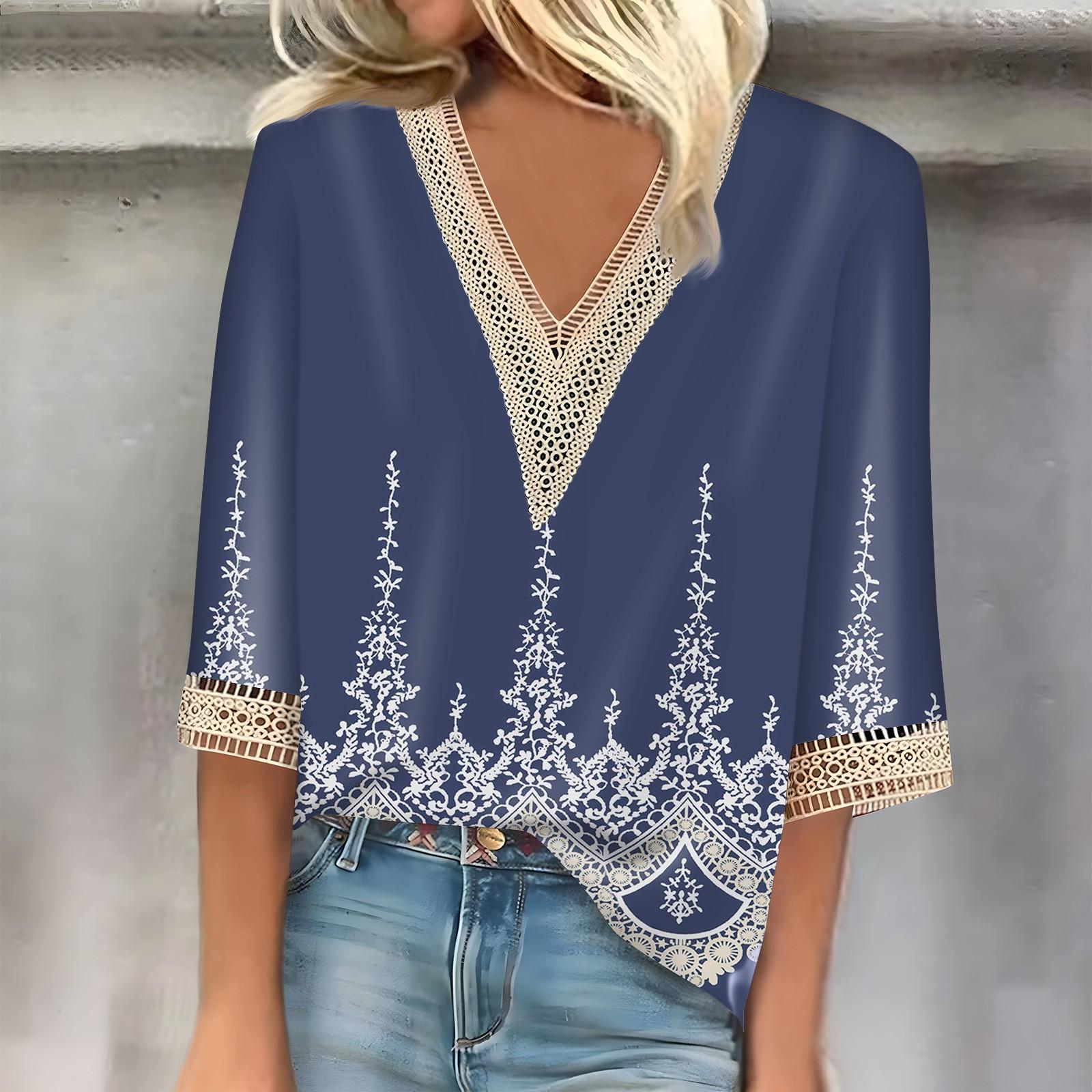 Women s Fashion Casual Lace 7/10 Sleeve V-Neck Floral Printed Top S