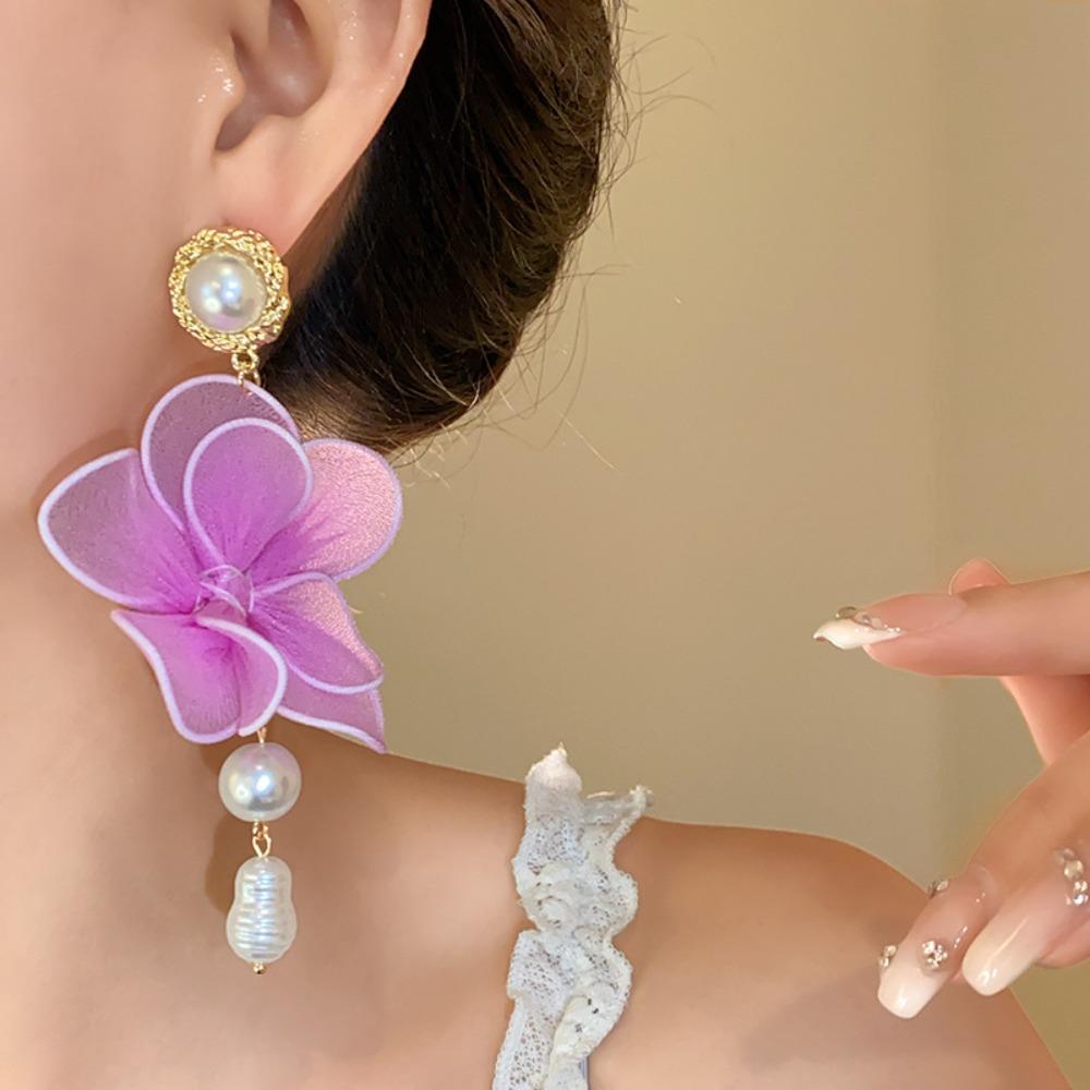 Sweet Beach Earrings Exaggerated Petals Stud Earrings Romantic Mesh Flower Dangle Earrings  Party