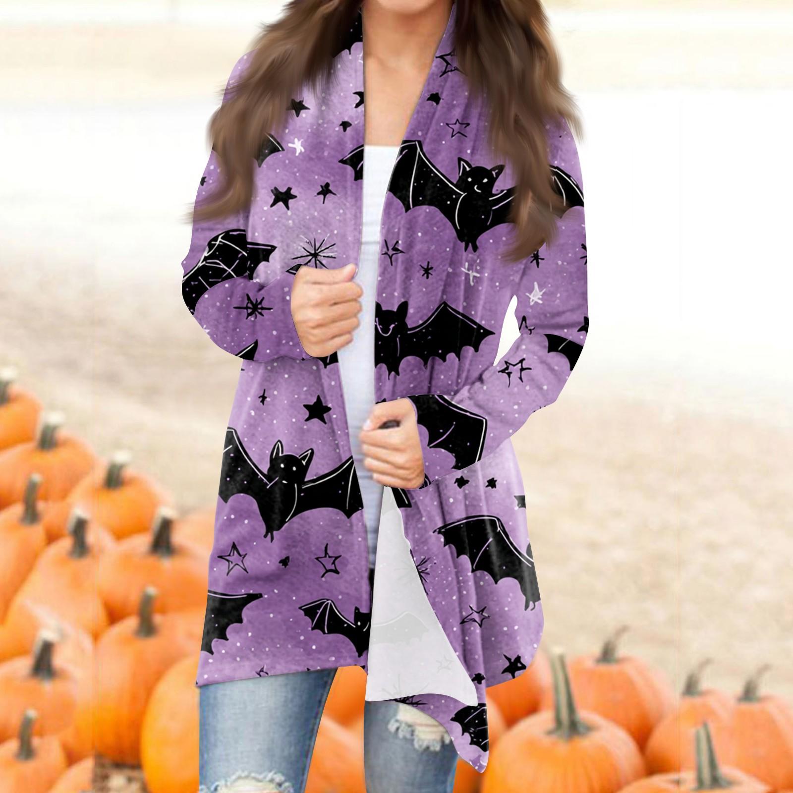 

Женская модная повседневная куртка-кардиган средней длины с принтом на Хэллоуин и нерегулярным подолом XL фиолетовый
