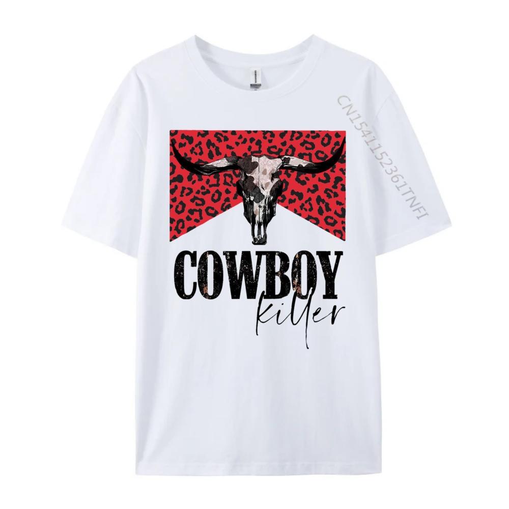 Western Cowgirl Leopard Punchy Cowboy Killers Bull Horn Funny T Shirts Unisex Clothes Gift Tee Cotton Short Sleeve