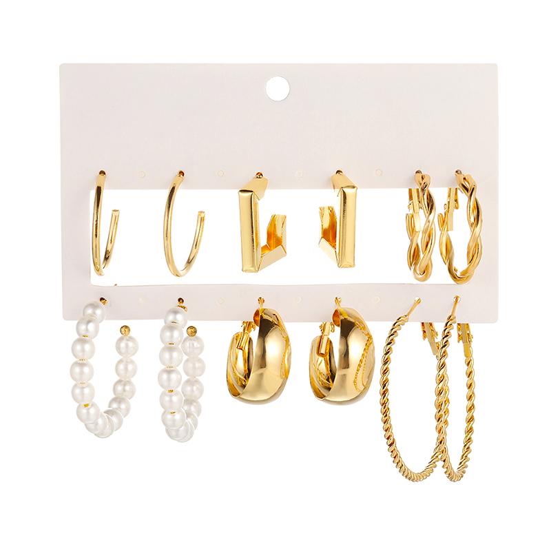 6 Pièces/Ensemble Boucles d'oreilles en métal Tendance Alliage de couleur or Or Géométrique Fausse perle Mode Boucles d'oreilles pour femmes en forme de C