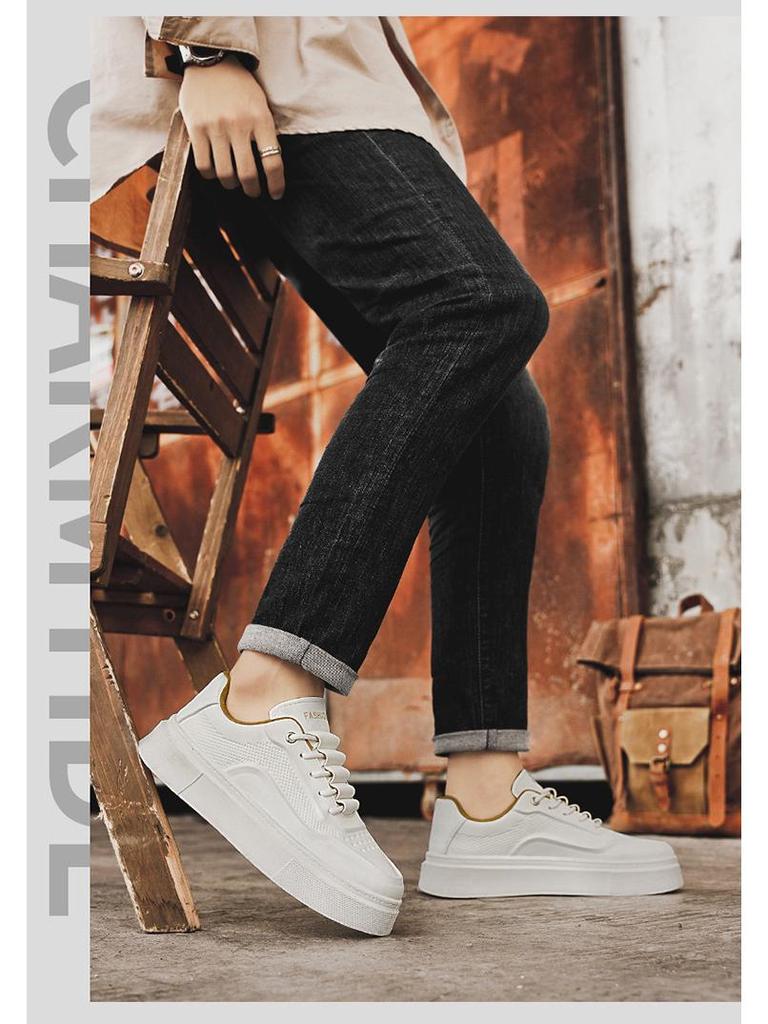 Men's Trendy Breathable White Leather Sneakers: Versatile, Thick-Soled Casual Shoes