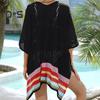 Women Bikini Cover Up V-Neck Drop-shoulder Sleeves Hollow Beachwear Dress Side Split Color Block Crochet Swimsuit Cover-ups