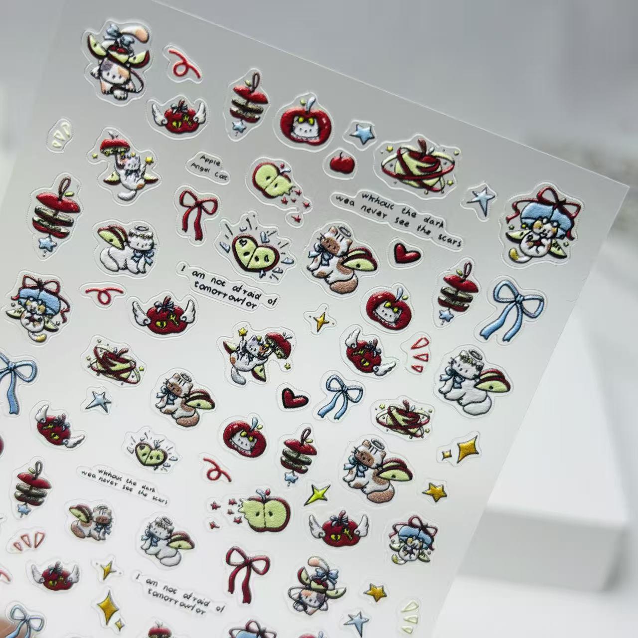 5D Embossed Butterfly & Apple Cat Nail Art Stickers, Thin Tough Shell Design Apple Meow