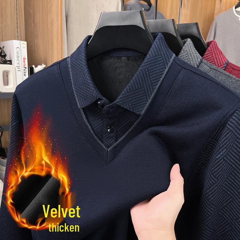 

Men s Faux Two-Piece Fleece Sweater: Plus Velvet, Thick, Lapel, Warm, Casual, Loose-Fit Knitwear L темно-синього кольору