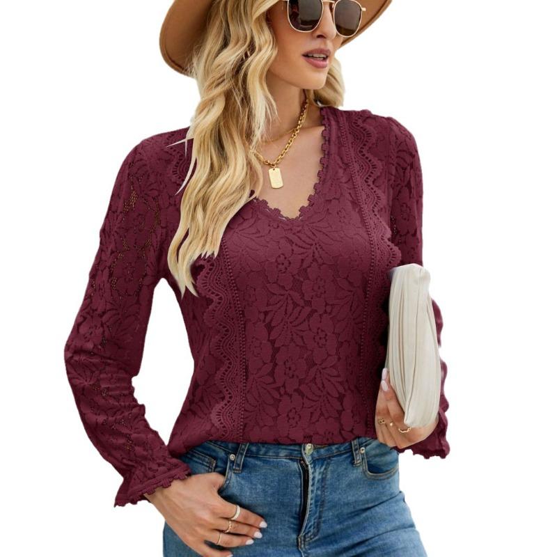 Spring and Autumn Women's Blouse Lace Long Sleeve Solid Colour Hollow Out Lace Sexy Knitted Top