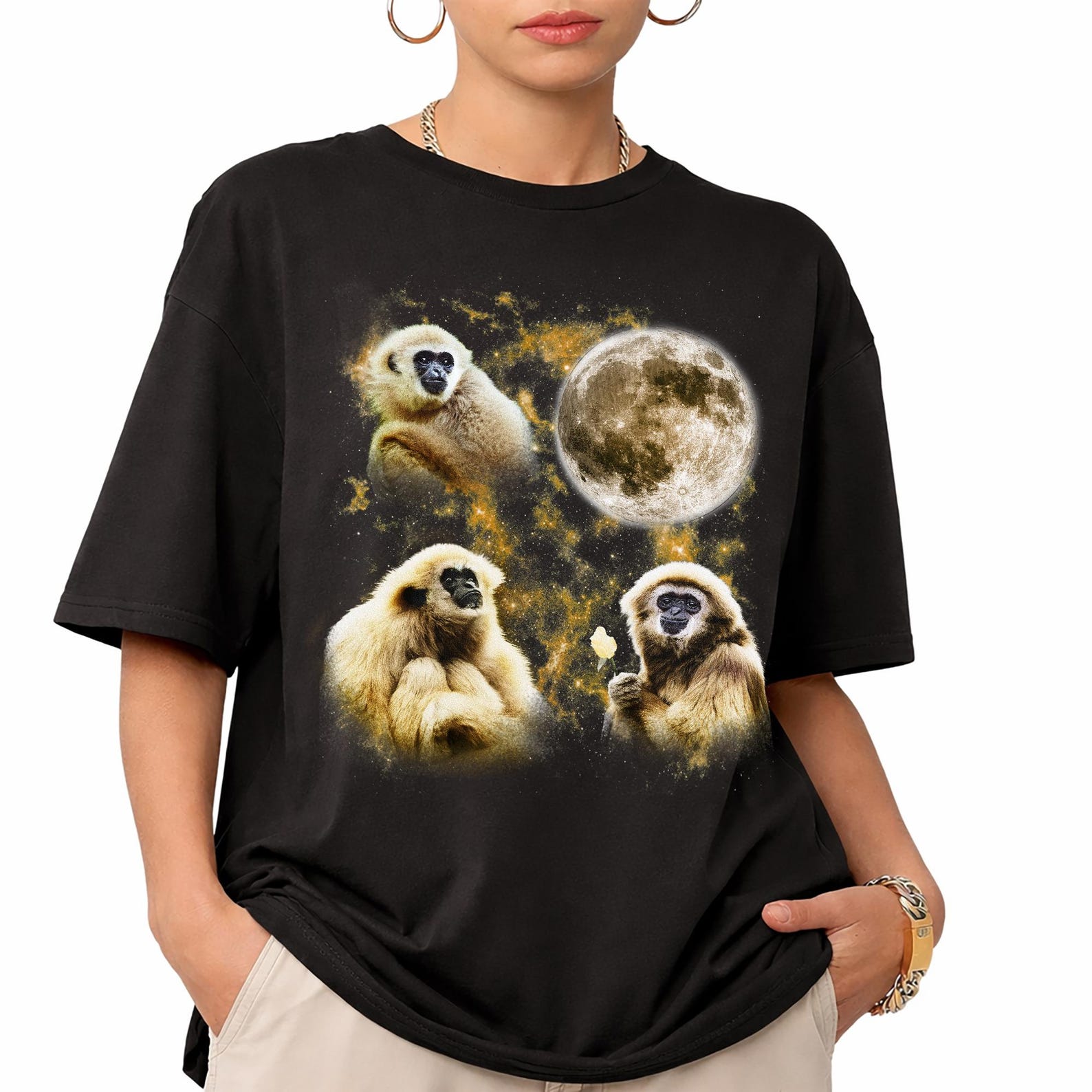 Gibbon Moon T-Shirt, Three Gibbons Retro Space Tee, Comfort Colors Primate Lover Apparel M