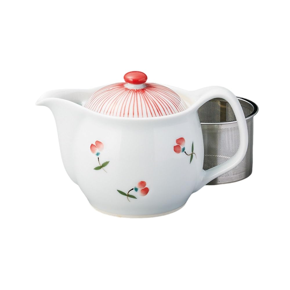 Ale-net Arita Ware Teapot (Stainless Steel with Tea Strainer), 10 X 10.5 Cm, 375cc, Fuka Design, SS Pot with Red Basket Mesh, Porcelain, Made In