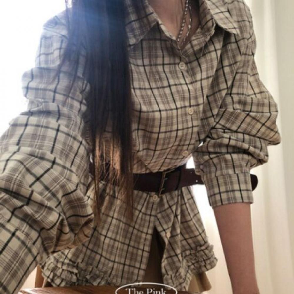The Pink Overfit Vintage Check Frill Shirt + Belt Set