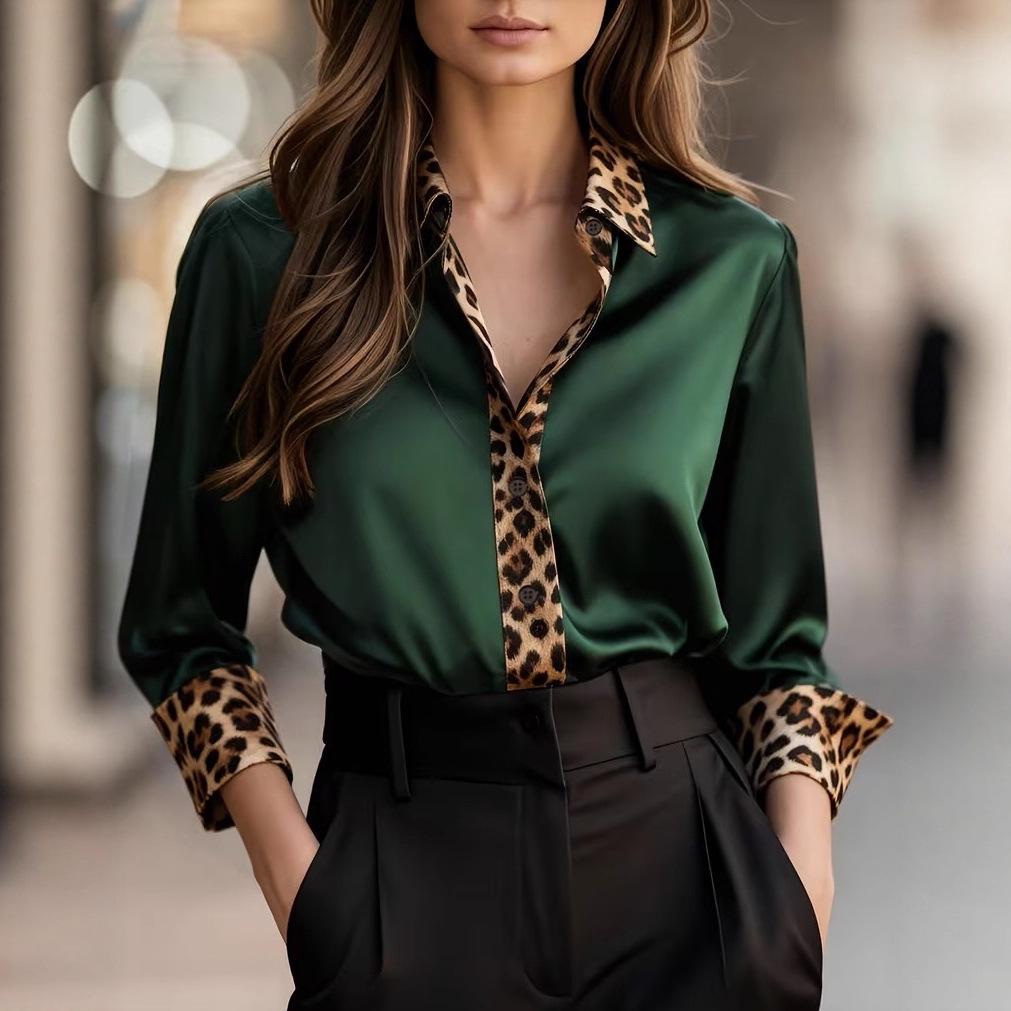 Damen-Hemd mit Leopardenmuster, Rundhalsausschnitt, Satin-Patchwork, Figurbetont, Langarm, Frühling/Herbst
