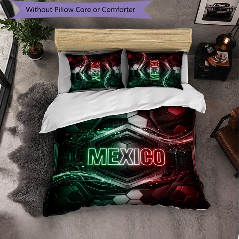 Mexico Footbal Pattern 3 Pieces Bedding Set Soft Microfiber Duvet Cover with Pillow Cases for Bedroom