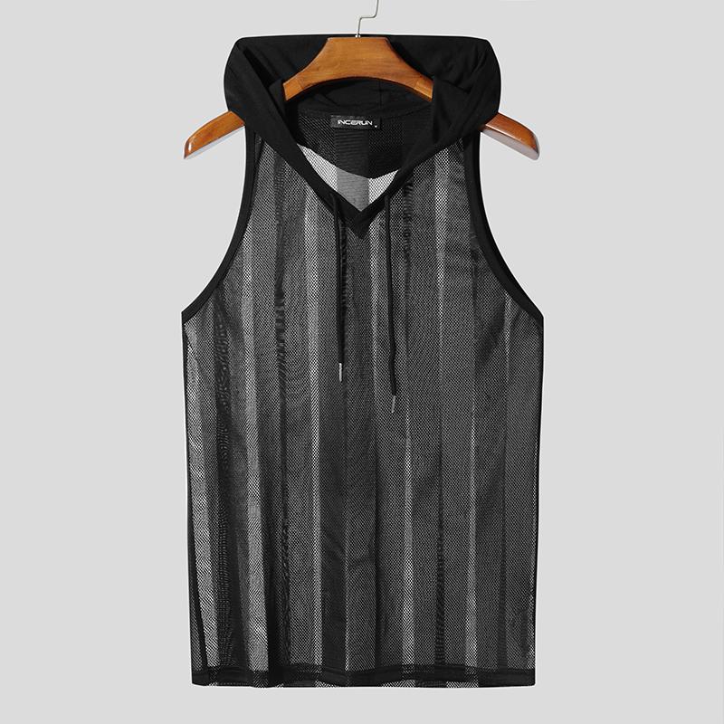 INCERUN Men Sleeveless Striped Transparent Mesh Sheer Hooded Tank Tops