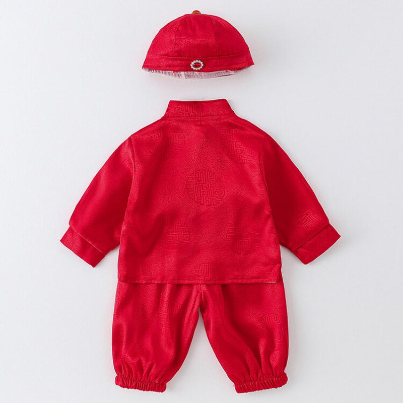 Chinese Style Baby Romper Set: Autumn/Spring Outing Outfit for Boys - Perfect for First Birthday, Full Moon, or Hundred Days Celebration.