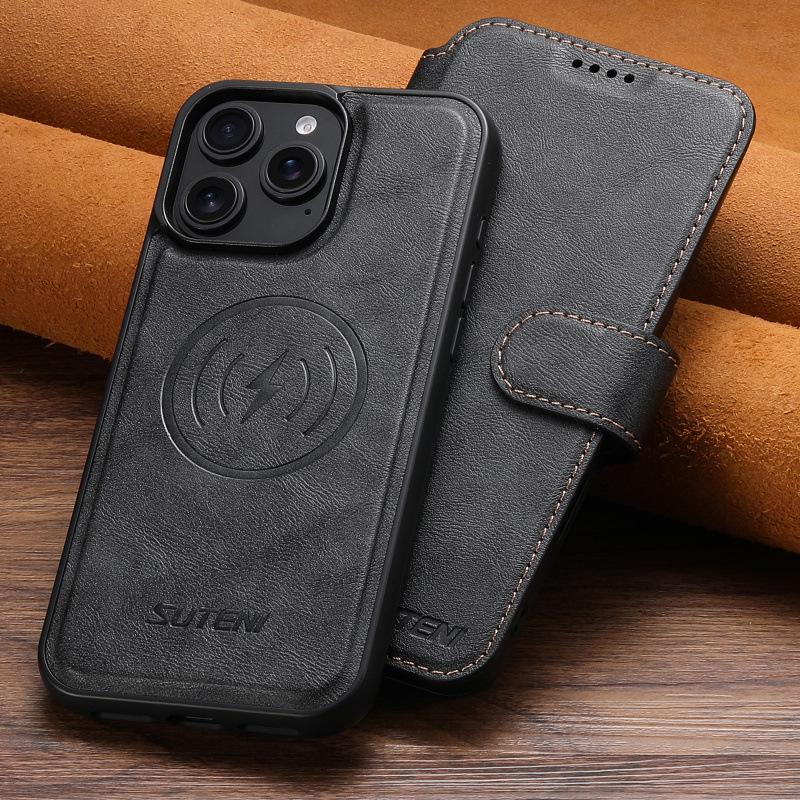 iPhone17 Pro Max Flip Case with Card Slot, Magnetic Snap, Wireless Charging Stand, and Leather Finish