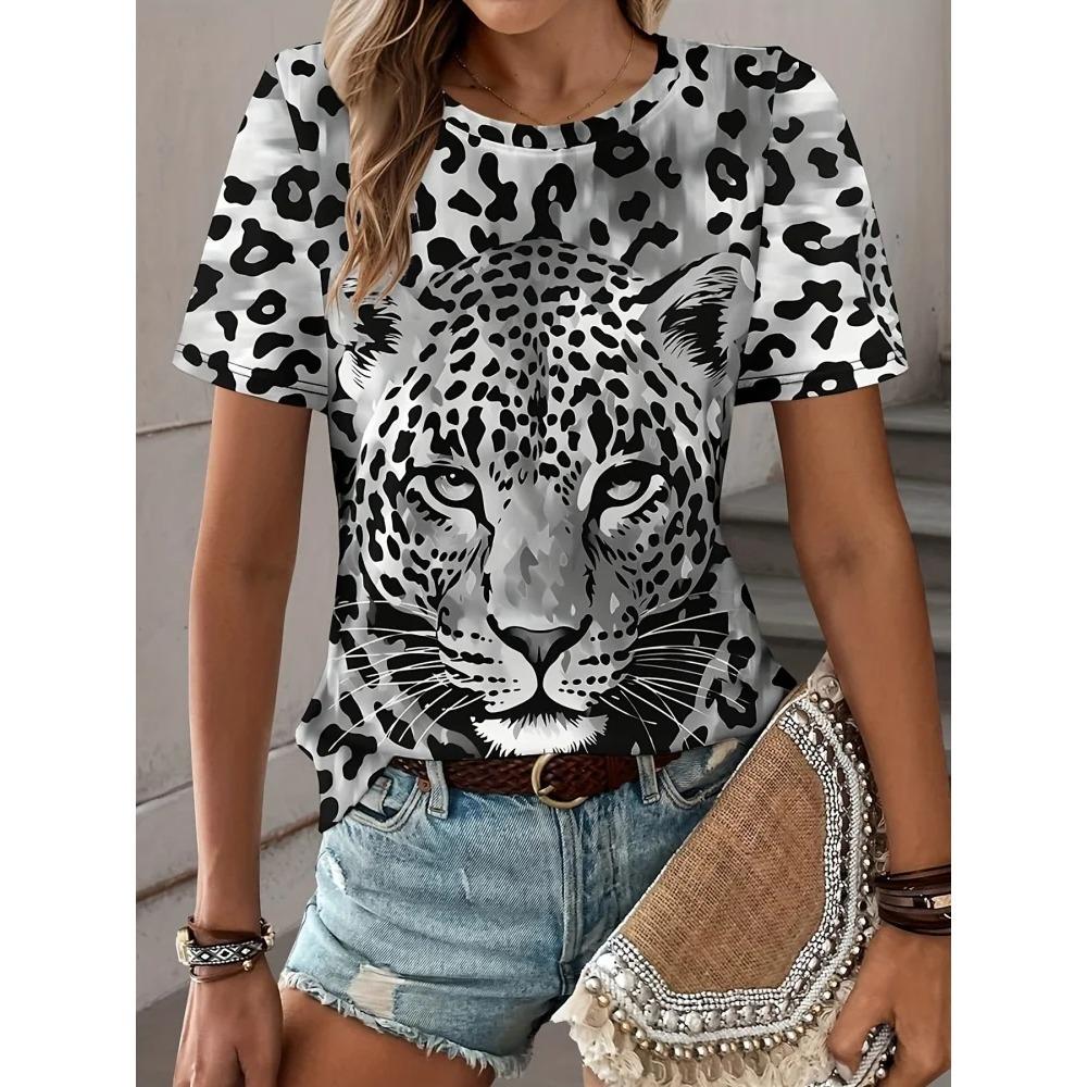 3D Leopard Print and Lipstick Print Short-sleeved Top Summer Casual Everyday Women's T-shirt Urban Street Fashion Women's Y2K