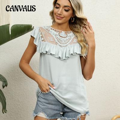 T-shirt d'été pour femmes Broderie Col Volant Doux Ample Confortable Type Mode Haut à Manches Courtes
