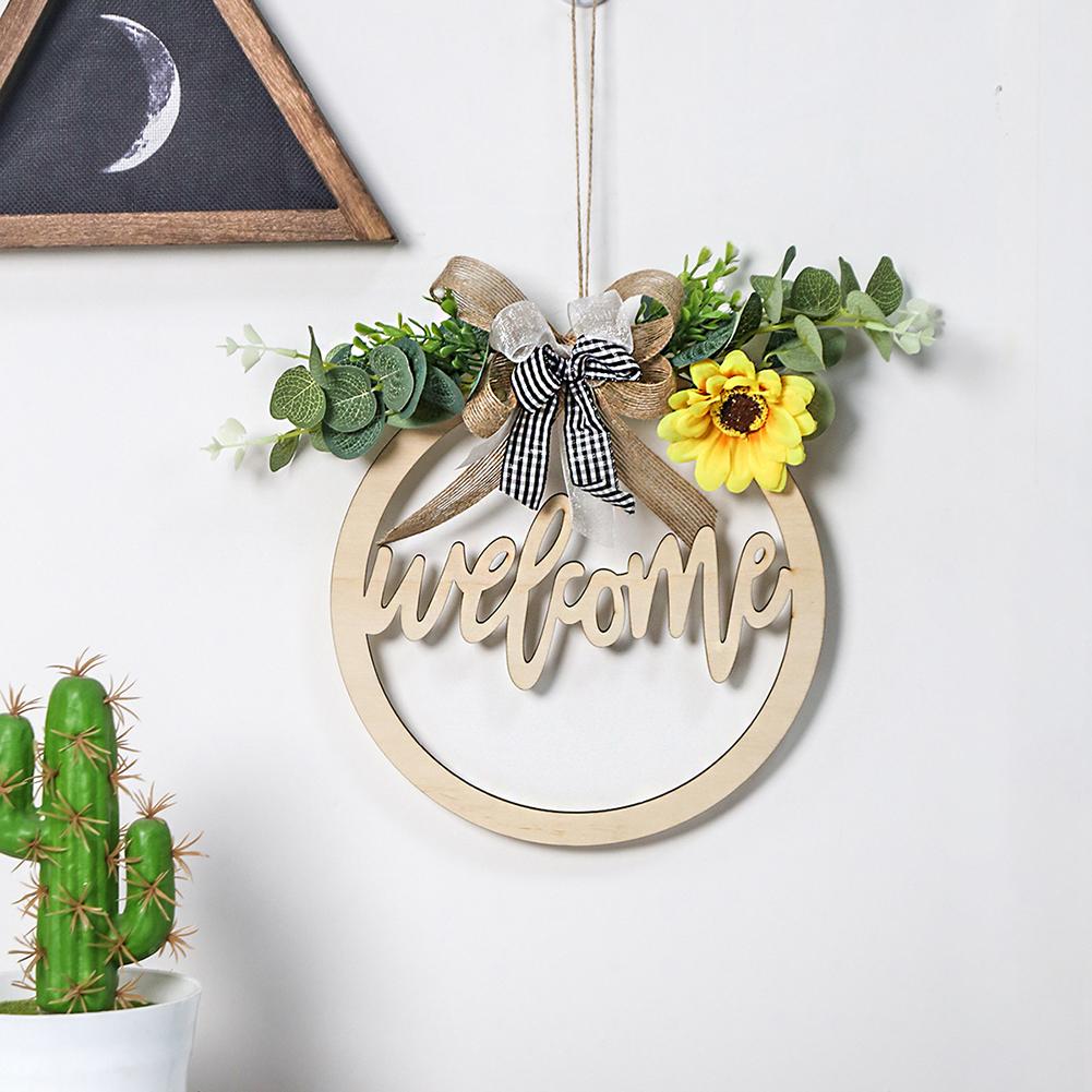 Round Outdoor Hanging Ornament Wooden Pendant Welcome/hello Sign Wreath Set With Bow Home Decoration