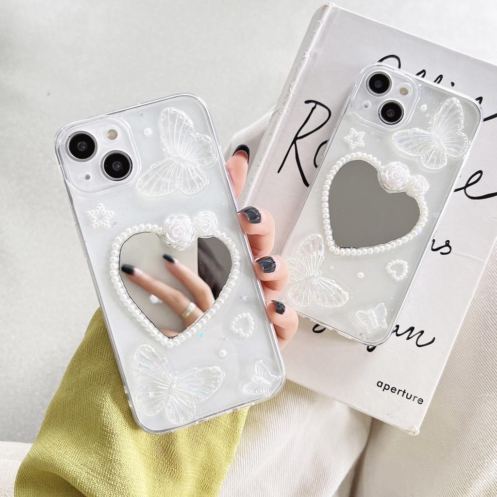 ins wind glue butterfly love mirror is suitable for Apple 11/13 mobile phone case iphone12 transparent fine hole fashion