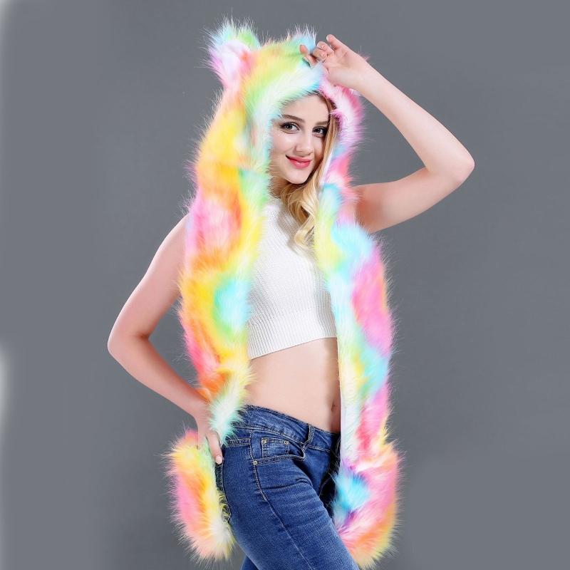 Women 3 In 1 Furry Animal Hat Scarf 