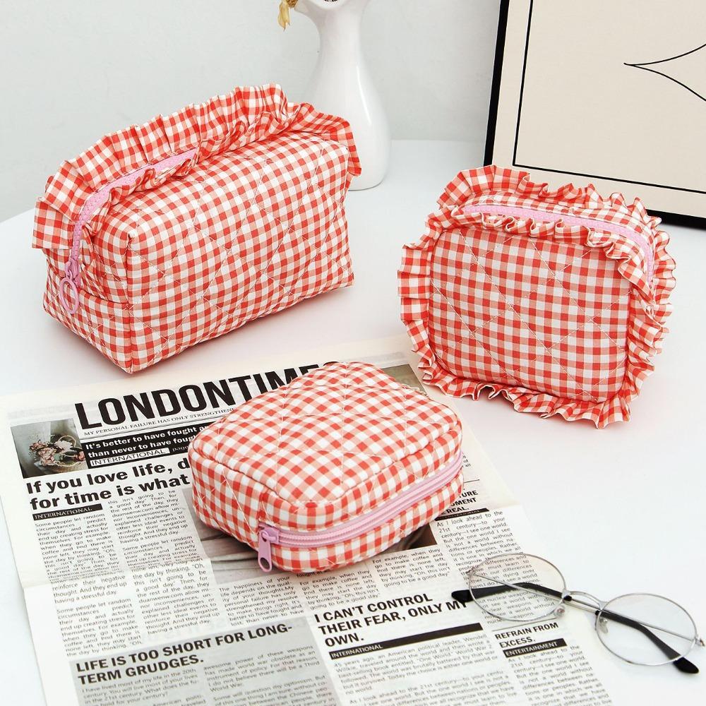 Portable Makeup Bag Quilted Design Multifunctional Makeup Brush Storage Bag Plaid Pattern with Zipper Travel Toiletry Bag