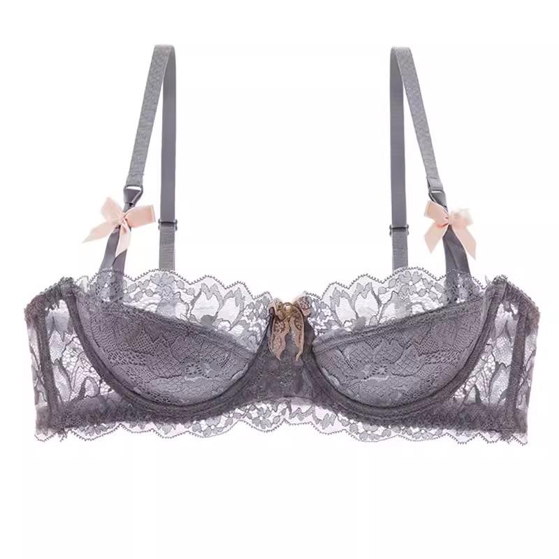 

Grey Lace Balconette Bra with Pink Bow Accents and Adjustable Straps S серый
