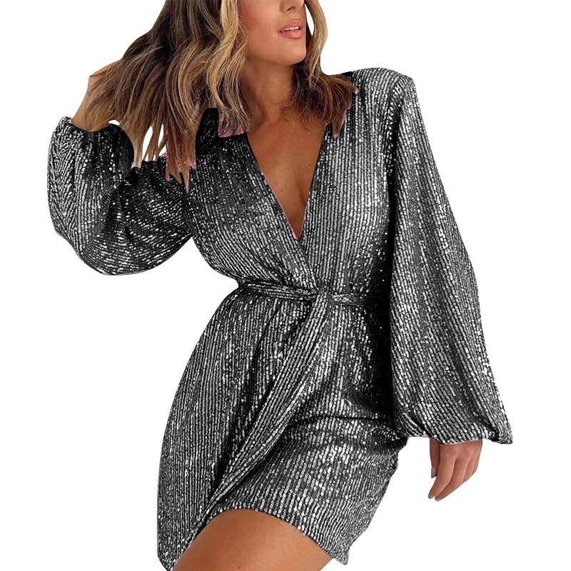 Dámská móda Flitrované dlouhé rukávy Spojené šortky Jednobarevné Sexy hluboký výstřih do V Pás Dekorační šortkový oblek Párty Sukně