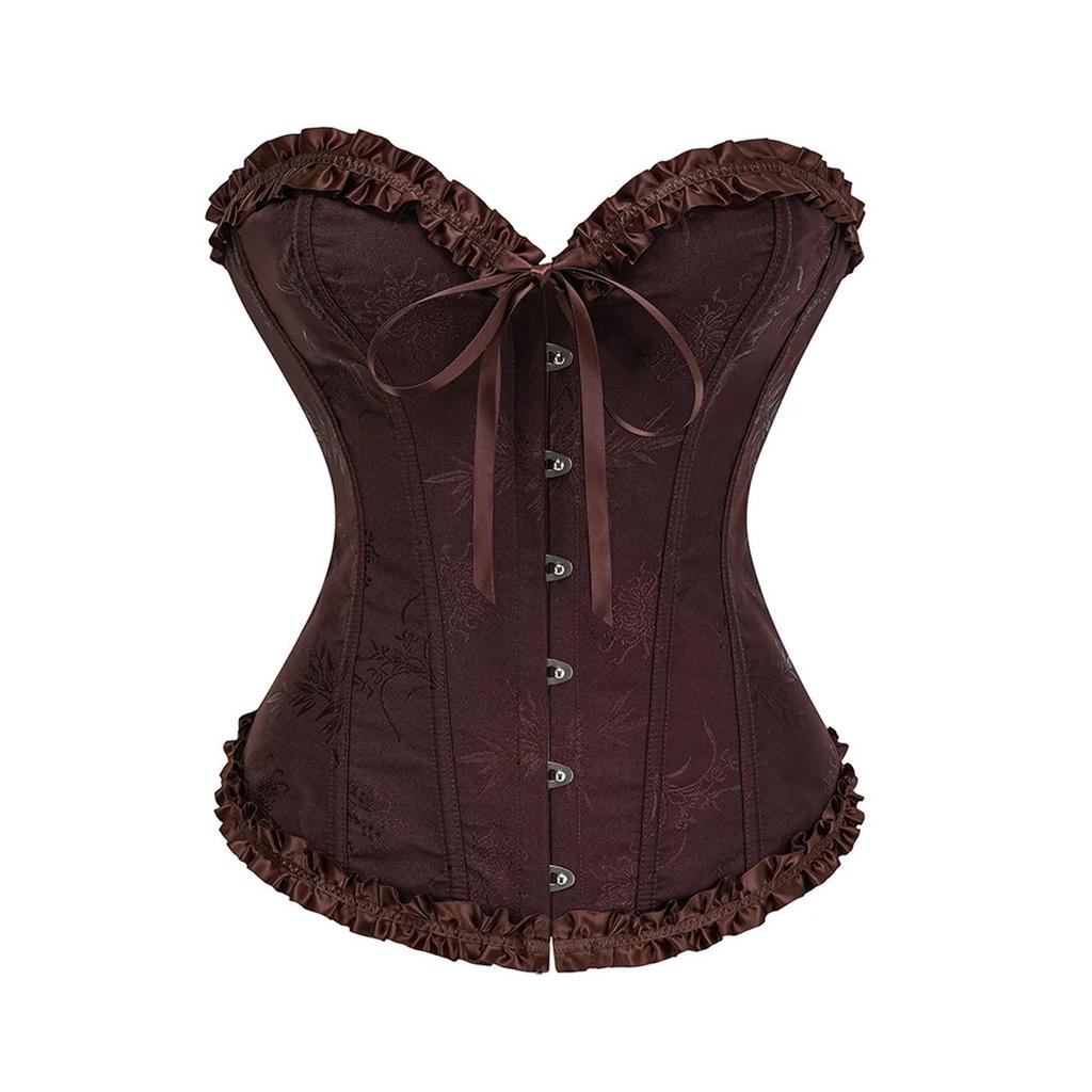 Women's Sweetheart Strapless Corset Top Slim Fit V Neck Ruffle Trim Jacquard Lace Up Bustier Vintage Court Waist Trainer Shapewear