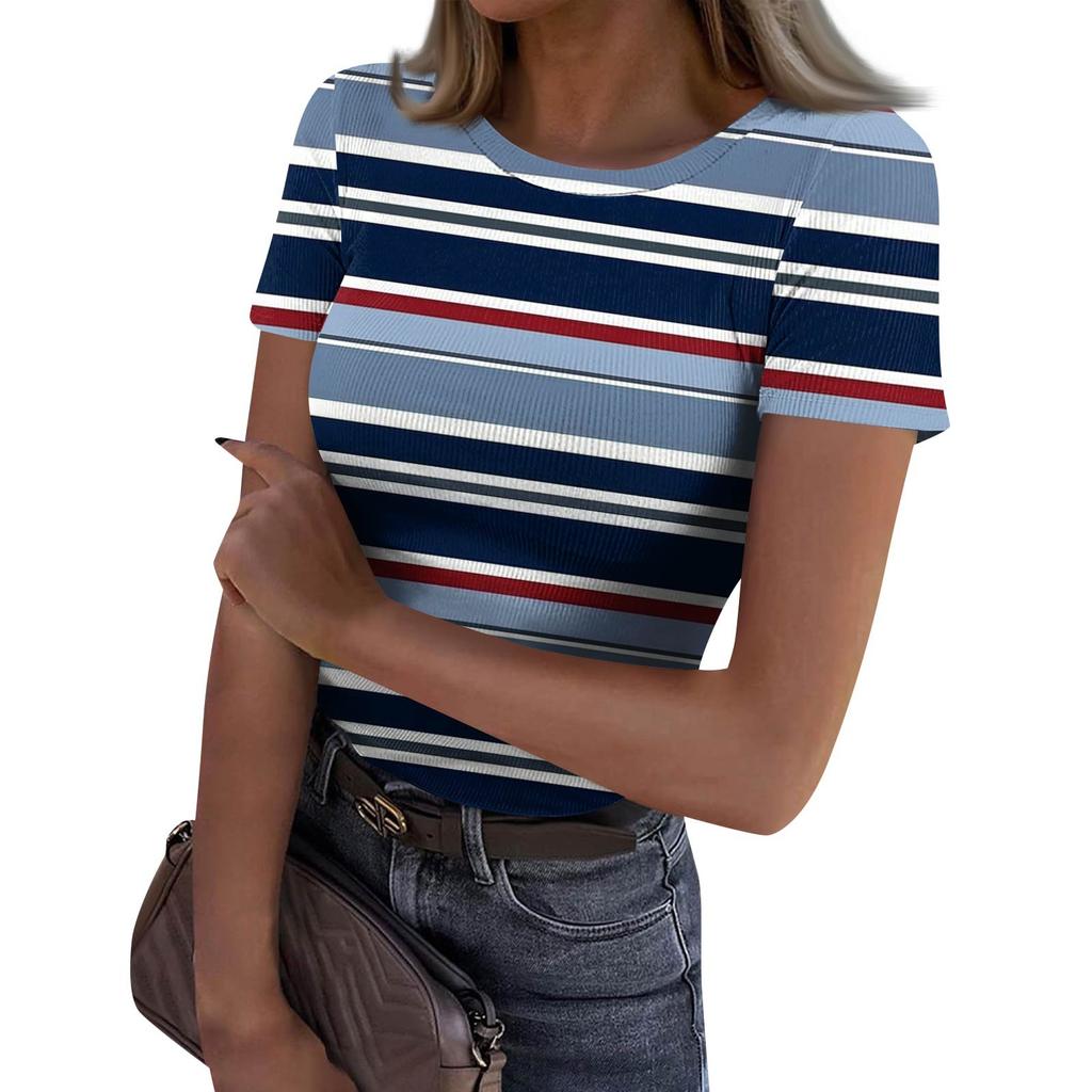Ladies Slim Bottom T-shirt Fashion Casual   Round Neck Pullover Short Sleeve Top