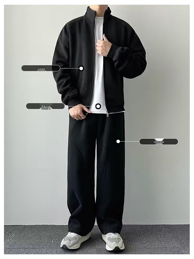 Men's Double Zipper Stand-up Collar Cardigan Hoodie - 2025 Casual Solid Color Outerwear for Spring & Autumn
