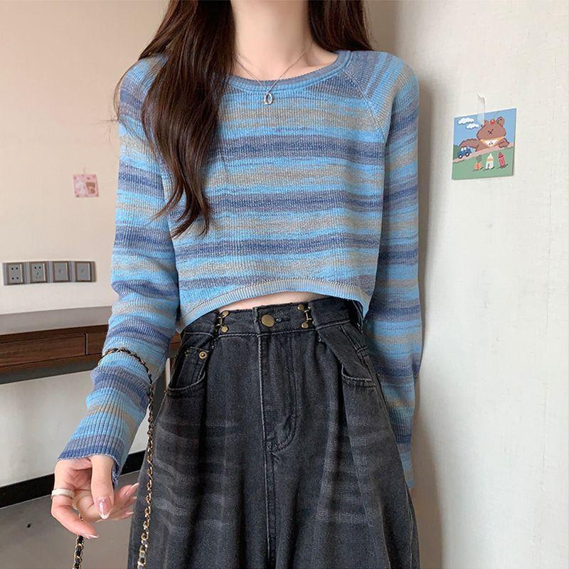 French Retro Designed Striped Knit Top Women's Spring Autumn Irregular Loose Short Long Sleeve Top