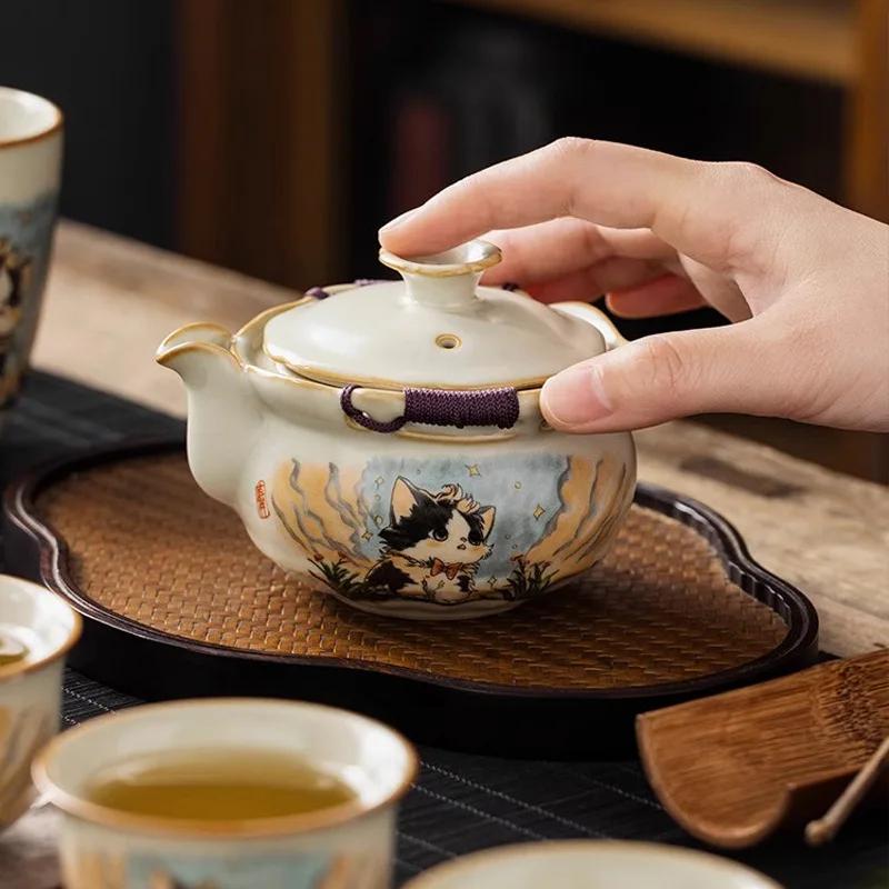 Ru Yao Süße Katze Porzellan-Teekanne Porzellan Gelb Mit Griff Teekanne Teezeremonie-Set Tee-Krawatte Guan Yin Jasmin Teegeschirr Typ