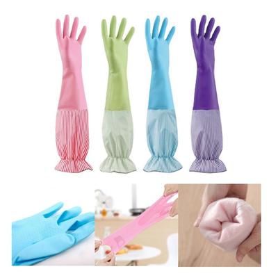 Long Sleeves Dishwashing Glove Stripe Pattern Lotus Leaf Mouth Cleaning Glove Velvet Lining Antiskid Rubber Glove
