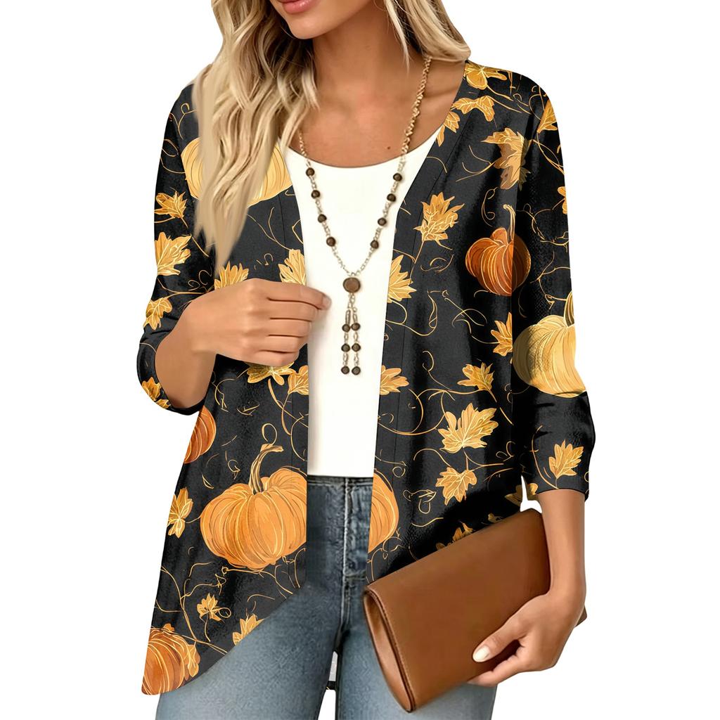 Women's Halloween Print 3/4 Sleeve Lightweight Loose Fit Cardigan for Casual Wear