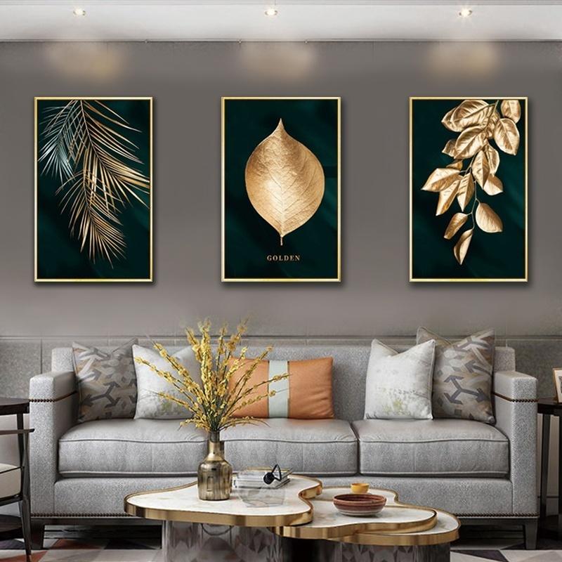 Golden Plant Leaves Abstract Wall Poster Modern Style Print Canvas Living Room Bedroom Painting Frameless