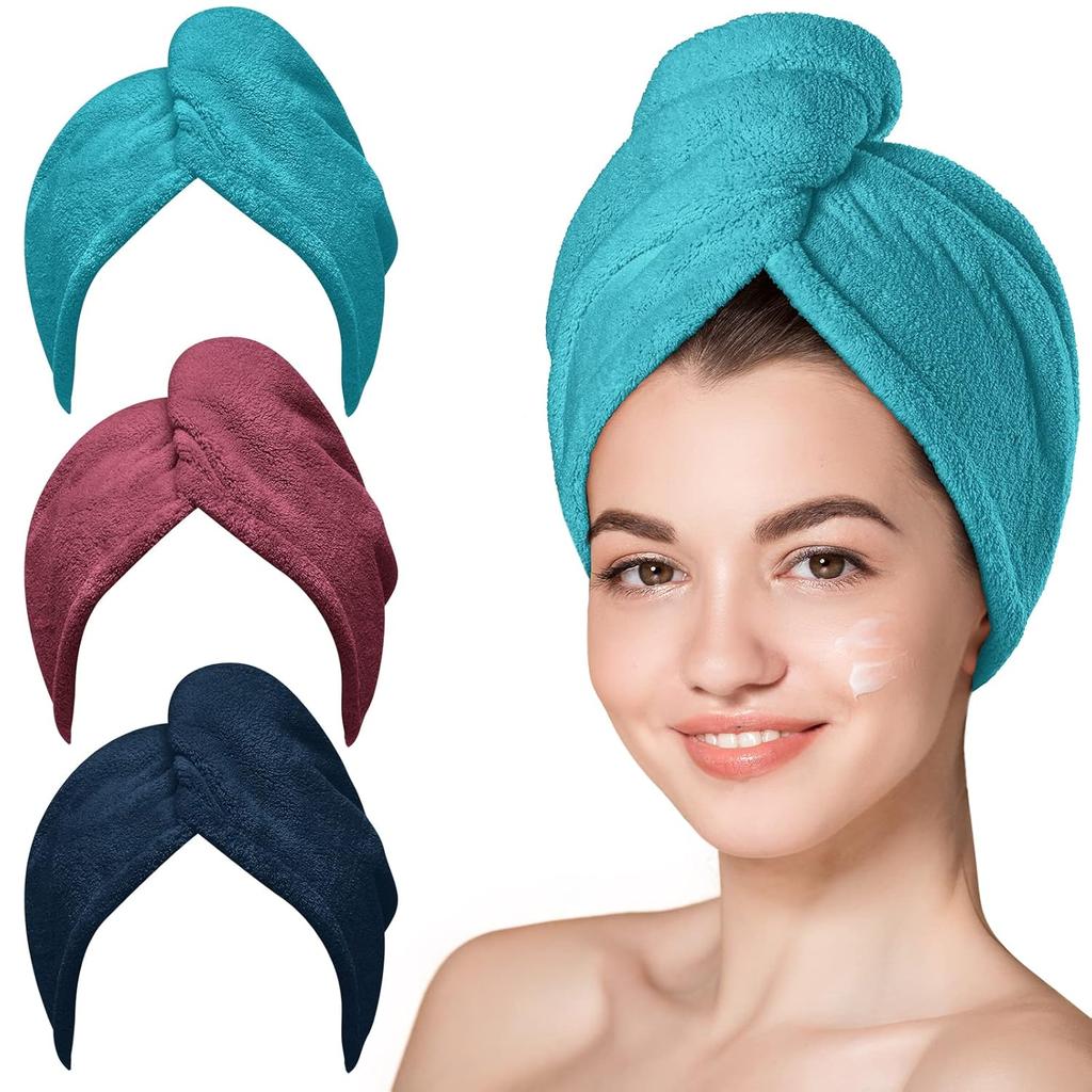 Microfiber Hair Towel, 3 Packs Hair Turbans for Wet Hair, Drying Hair Wrap Towels for Curly Hair Women Anti Frizz (Blue,Grey,Pink)