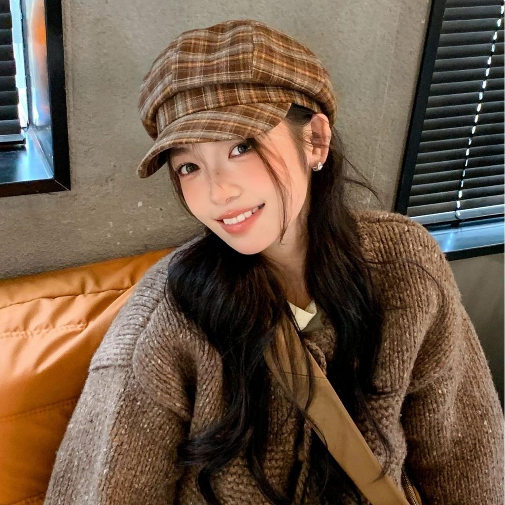 Retro new plaid octagonal hat children spring and autumn versatile fashion temperament thin face little painter hat
