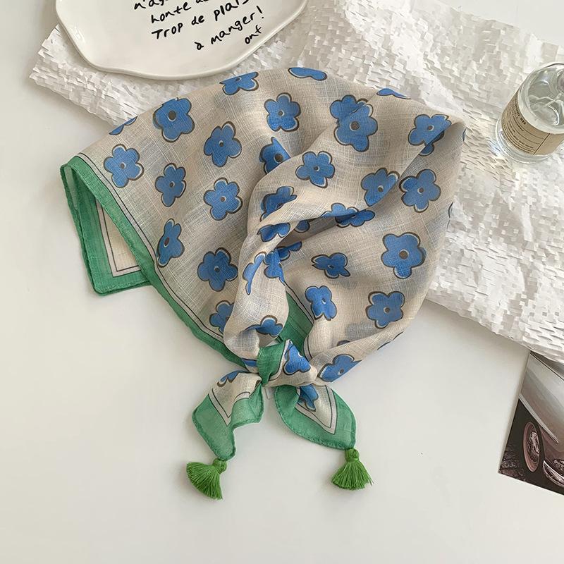 Premium cotton and linen silk scarf neck protection scarf small fresh square scarf floral headscarf hair band fringed hair accessories