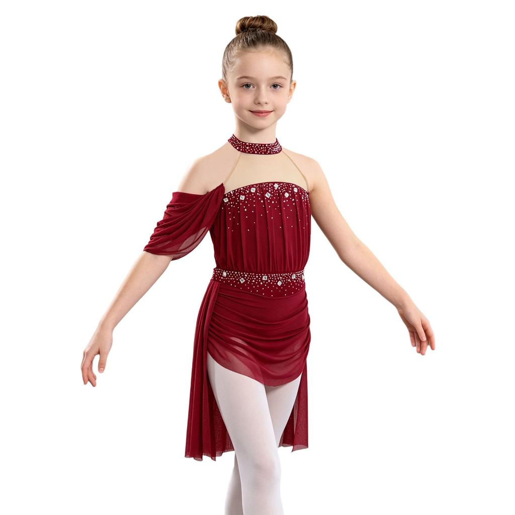 Girls Halter Backless Ruched Mesh Drape Dress Lyrical Dance Performance Rhinestone Costume